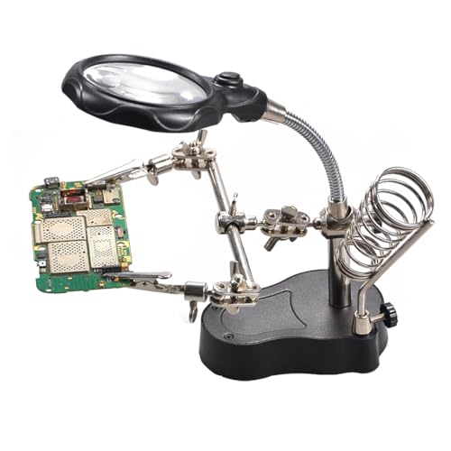 Treedix 12X 3.5X LED Lighted Magnifying Glass Soldering Station Adjustable Angle Helping Hands Magnifier with Auxiliary Clamp and Welding Stands