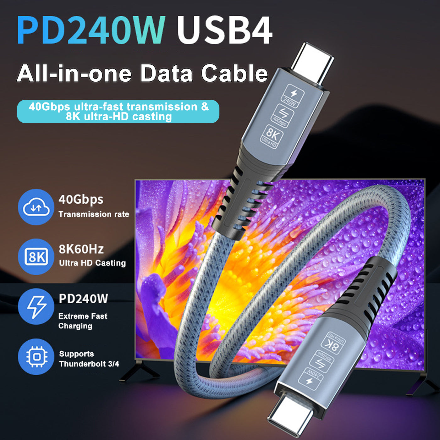 Treedix USB-C-auf-USB-C-Kabel, PD240W Typ-C-Datenkabel, USB-C-3.2-Schnellladekabel unterstützt 40 Gbit/s Datenübertragung, 8K@60Hz Videoübertragung für Thunderbolt 3/4, Laptop, Mobiltelefon, Tablet (1,8 m/5,9 ft)