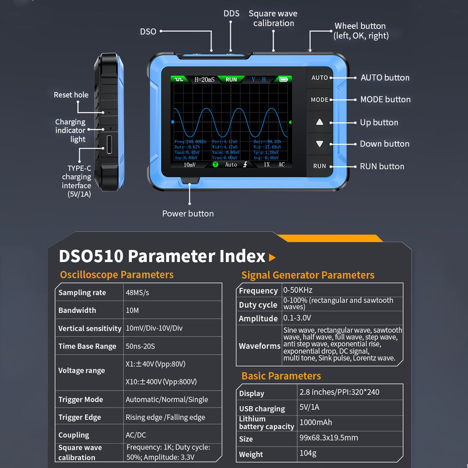 Treedix DSO510 2-in-1 スマート オシロスコープ、2.8 インチ オシロスコープ &amp; DDS 信号発生器、10M 帯域幅 48MS/s 高サンプリング レート、13 種類の調整可能な波形と 3 つのトリガー モードを備えたポータブル デジタル オシロスコープ