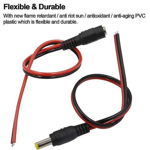 Treedix 10 Pairs 12V 5A DC Male Female Power Pigtail Barrel Plug Connector Cable, 2.1mm x 5.5mm Male Female DC Pigtail Connectors for CCTV Security Camera and 12V Power Supply Adapter 30cm