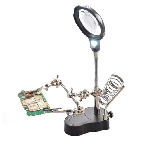 Treedix 12X 3.5X LED Lighted Magnifying Glass Soldering Station Adjustable Angle Helping Hands Magnifier with Auxiliary Clamp and Welding Stands