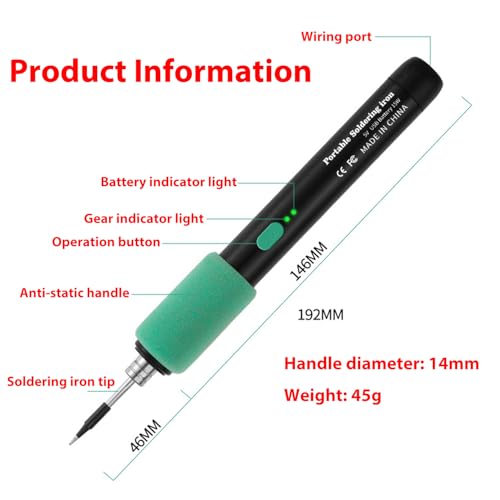 Kabelloses Lötkolben-Kit, 5V 15W Mini Tragbarer Lötkolben, 260-450°C Einstellbare Temperatur, 8s Schnelles Aufheizen, 3 Lötspitzen, USB-C Kabelloser Lötstift mit Box für die Arbeit