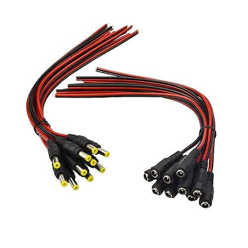 Treedix 10 Pairs 12V 5A DC Male Female Power Pigtail Barrel Plug Connector Cable, 2.1mm x 5.5mm Male Female DC Pigtail Connectors for CCTV Security Camera and 12V Power Supply Adapter 30cm