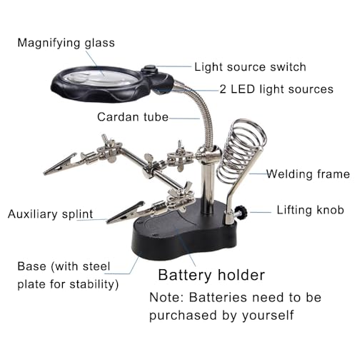 Treedix 12X 3.5X LED Lighted Magnifying Glass Soldering Station Adjustable Angle Helping Hands Magnifier with Auxiliary Clamp and Welding Stands