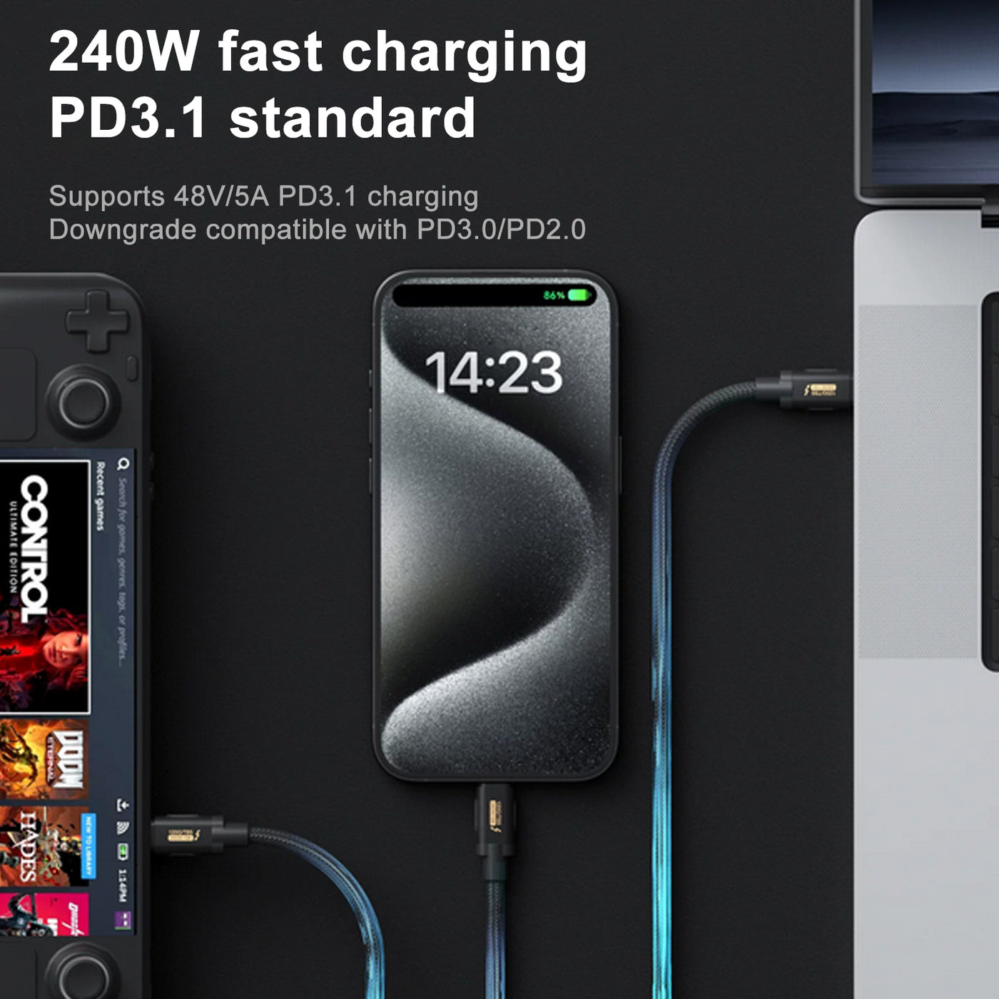 Thunderbolt 5 Cable , 120Gbps (Unidirectional 120Gbps / Bidirectional 80Gbps), 16K@60Hz, PD240W Fast Charging (48V/5A), Daisy Chain Multi-Display, Compatible with Thunderbolt 4/3 & USB-C（1m）