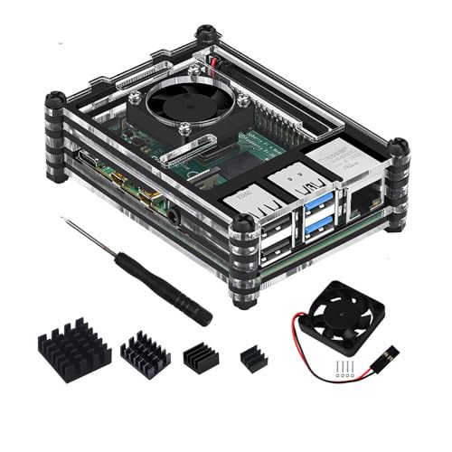 Treedix Acrylic Shell Transparent Black Case + Cooling Fan + Heat Sink Compatible with Raspberry Pi 4
