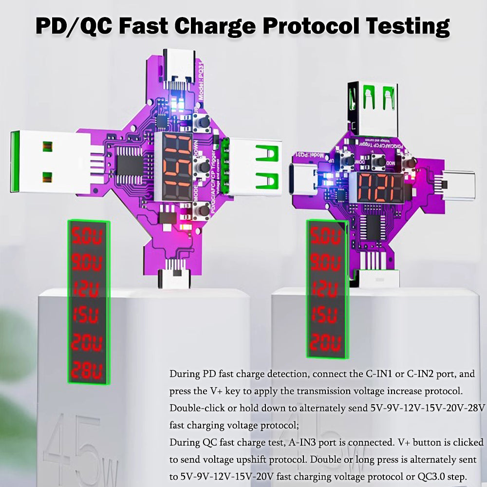 Treedix Spannung Strom Tester Multimeter PQ31 Trigger, Digitaler Spannungs- und Strommesser, PD/QC/AFC/FCP Multiprotokoll Spannungsmesser Schnellprotokoll Lade Trigger 3 Anzeigemodi mit USB auf DC5.5 Kabel