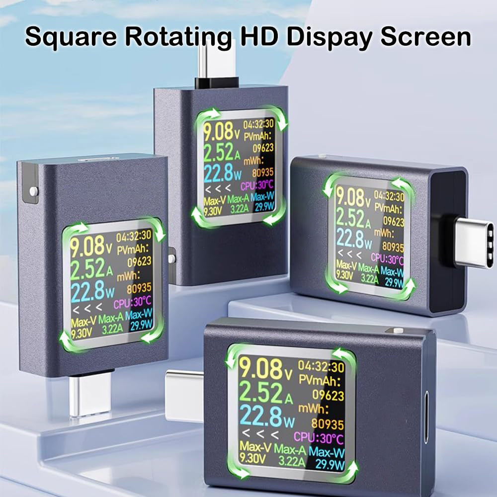 USB Power Meter Tester,4.5-50V/12A/600W Digital Multimeter Display Voltage,Current,Power,Resistance,Capacity Support PD2.0, PD3.0, PPS, QC2.0, QC3.0, FCP, SCP, AFC, PE, Dash, VOOC, SuperVOOC