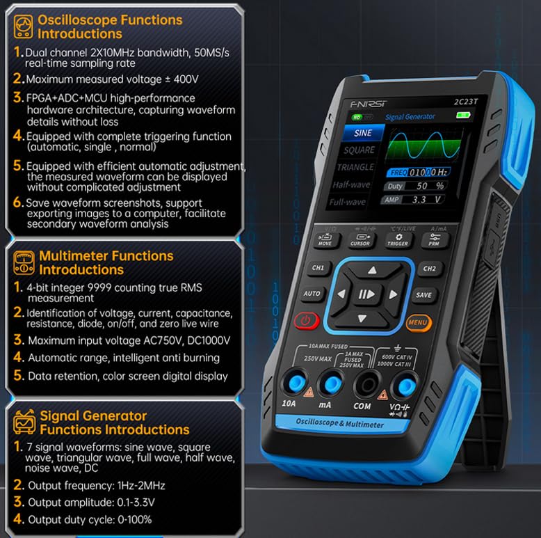 3 in 1 Handheld Digital Oscilloscope Dual Channel Oscilloscope Multimeter Oscilloscope Function Signal Generator with Integrated Hidden Stand