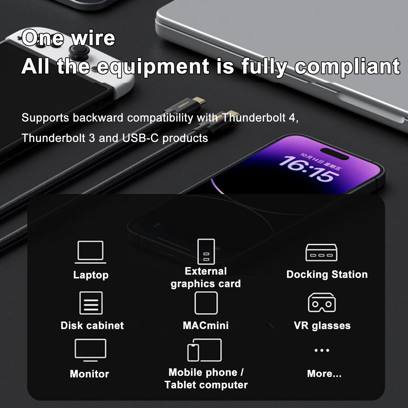 Thunderbolt 5 Cable , 120Gbps (Unidirectional 120Gbps / Bidirectional 80Gbps), 16K@60Hz, PD240W Fast Charging (48V/5A), Daisy Chain Multi-Display, Compatible with Thunderbolt 4/3 & USB-C（1m）