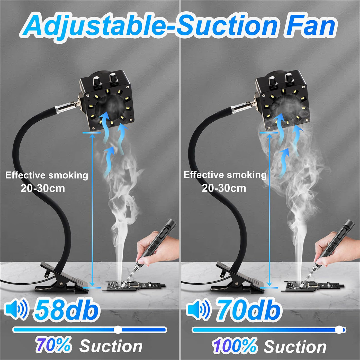 Treedix Extractores de Humo y Vapores de Soldadura, Ventilador de Velocidad Ajustable, Luz LED Regulable, Cuello de Cisne de Silicona con Filtros de Carbón y Manguera de Escape para Estación de Soldadura (Negro)