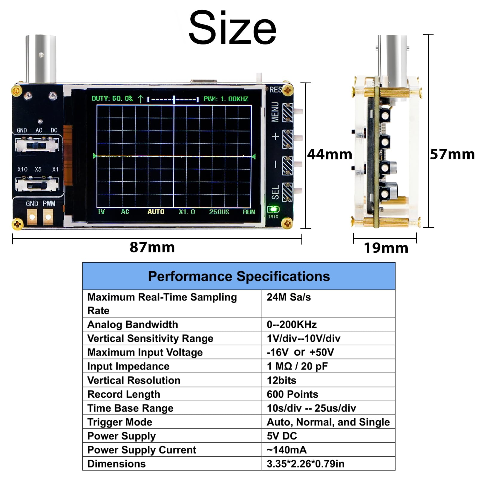 Treedix Handheld Digital Mini Oscilloscope Kit，24MSa/s High Sampling Rate, 2.4''LCD Screen 3 Trigger Modes，200KHz Bandwidth , X10/X5/X1 Sensitivity, GND/AC/DC Coupling Method