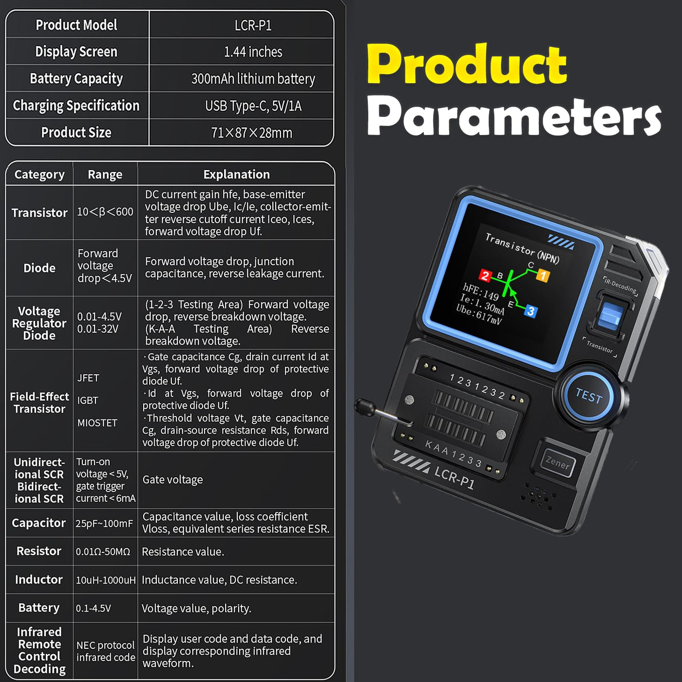 Treedix LCR-P1 Transistortester, automatische Bauteilerkennung, LCR-ESR-Messgerät, Transistormessgerät, Transistor-Kondensator-Tester zur Dekodierung von Transistor-, Dioden-, Widerstands- und Induktivitätsbauteilen, unterstützt NRC-Infrarotsignal
