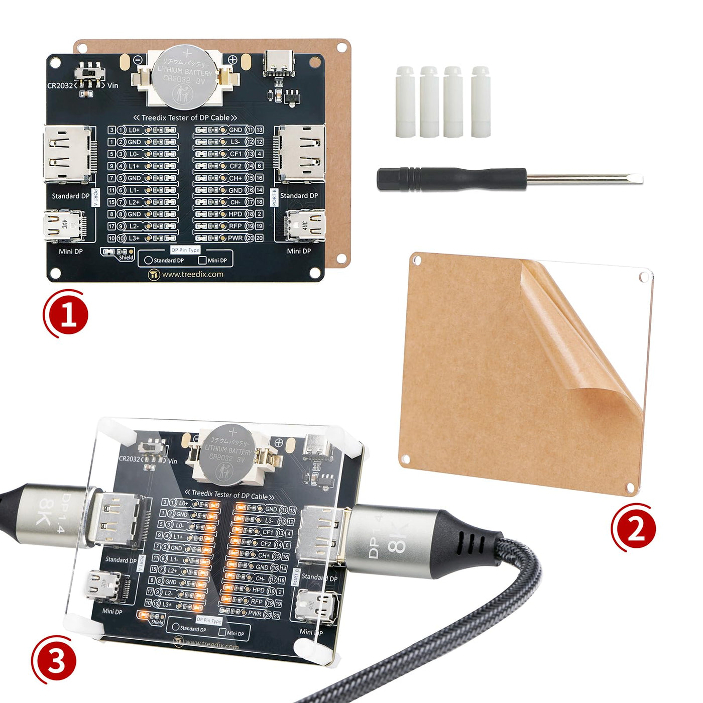 Treedix DisplayPort-Kabeltester für Standard-DisplayPort-Kabel und Mini-DisplayPort-Kabel, 20 LED-Anzeigen zur Überprüfung von Störungen, Kurzschlüssen und offenen Leitungen für DP1.0, 1.1, 1.2,1.2a, 1.3, 1.4, 2.0, 2.1