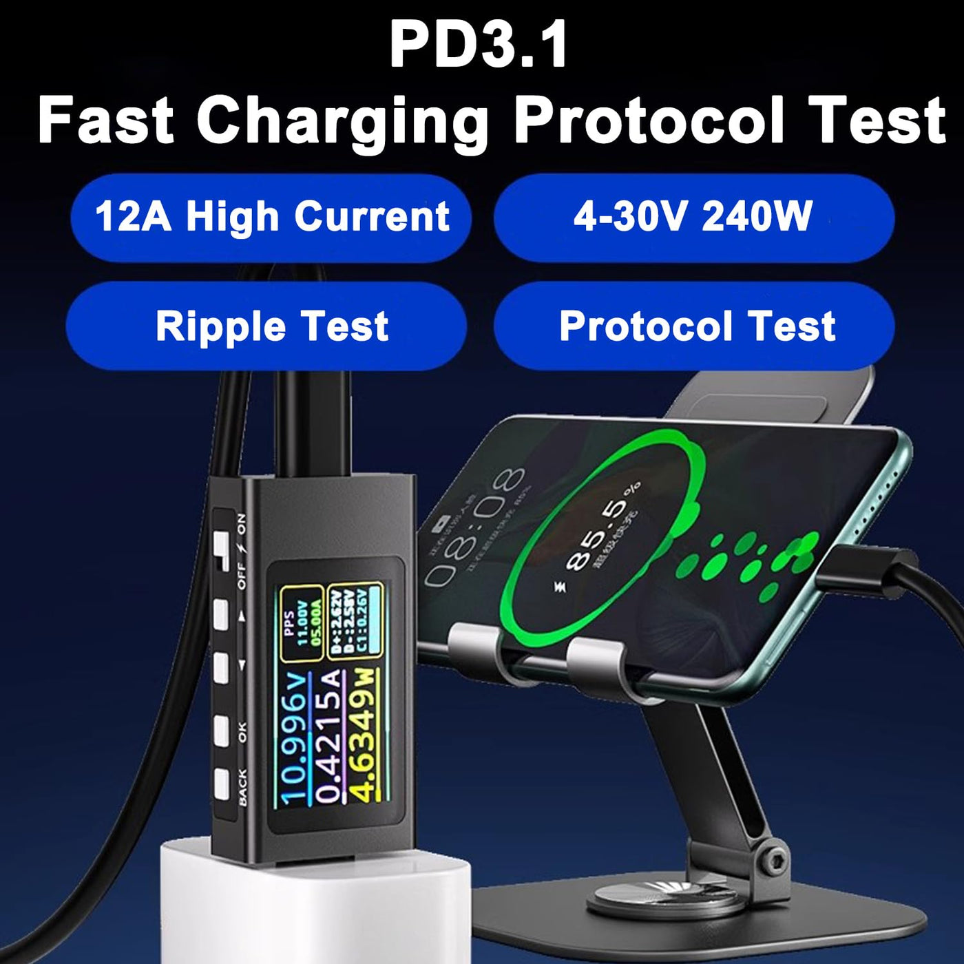 Treedix 4-30V Typ-C Leistungsmessgerät Tester, 12A/240W Digital-Multimeter zur Anzeige von Spannung, Strom, Leistung, USB-Tester Unterstützung PD2.0, PD3.0, PPS, QC2.0, QC3.0, FCP, SCP, AFC, PE, Dash, VOOC, SuperVOOC