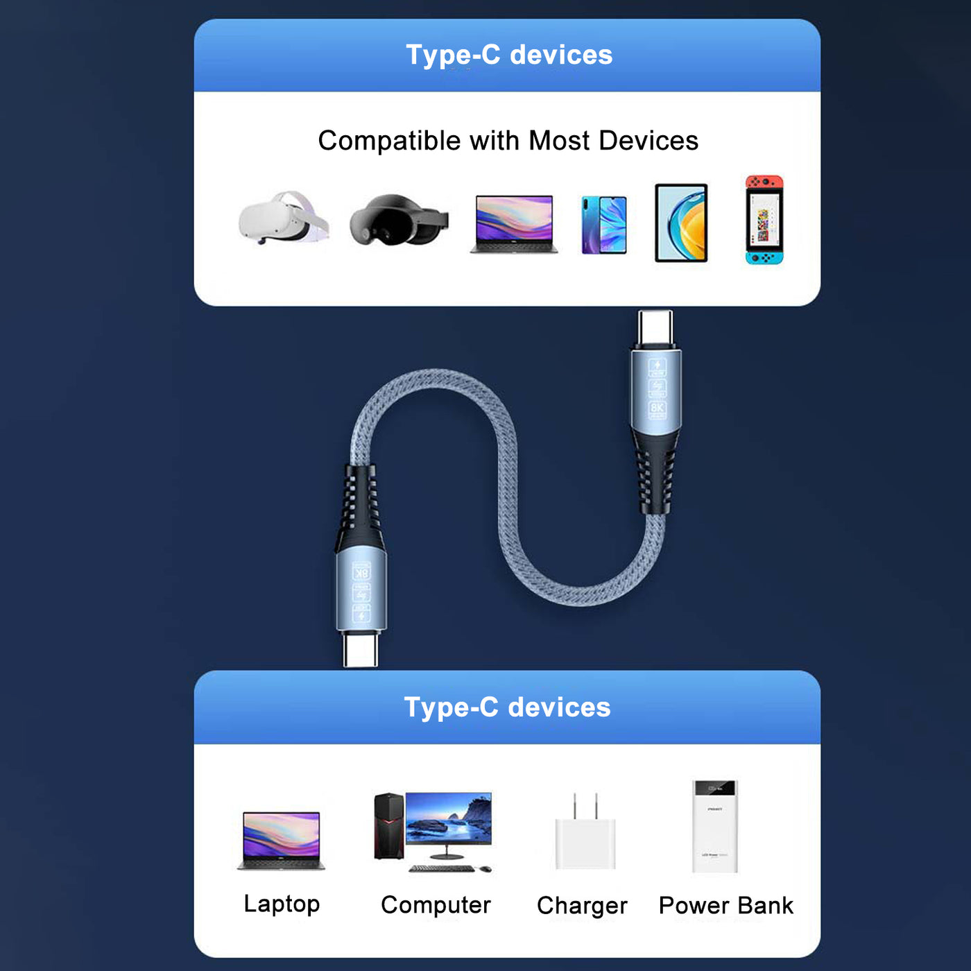 Treedix USB-C-auf-USB-C-Kabel, PD240W Typ-C-Datenkabel, USB-C-3.2-Schnellladekabel unterstützt 40 Gbit/s Datenübertragung, 8K@60Hz Videoübertragung für Thunderbolt 3/4, Laptop, Mobiltelefon, Tablet (1,8 m/5,9 ft)