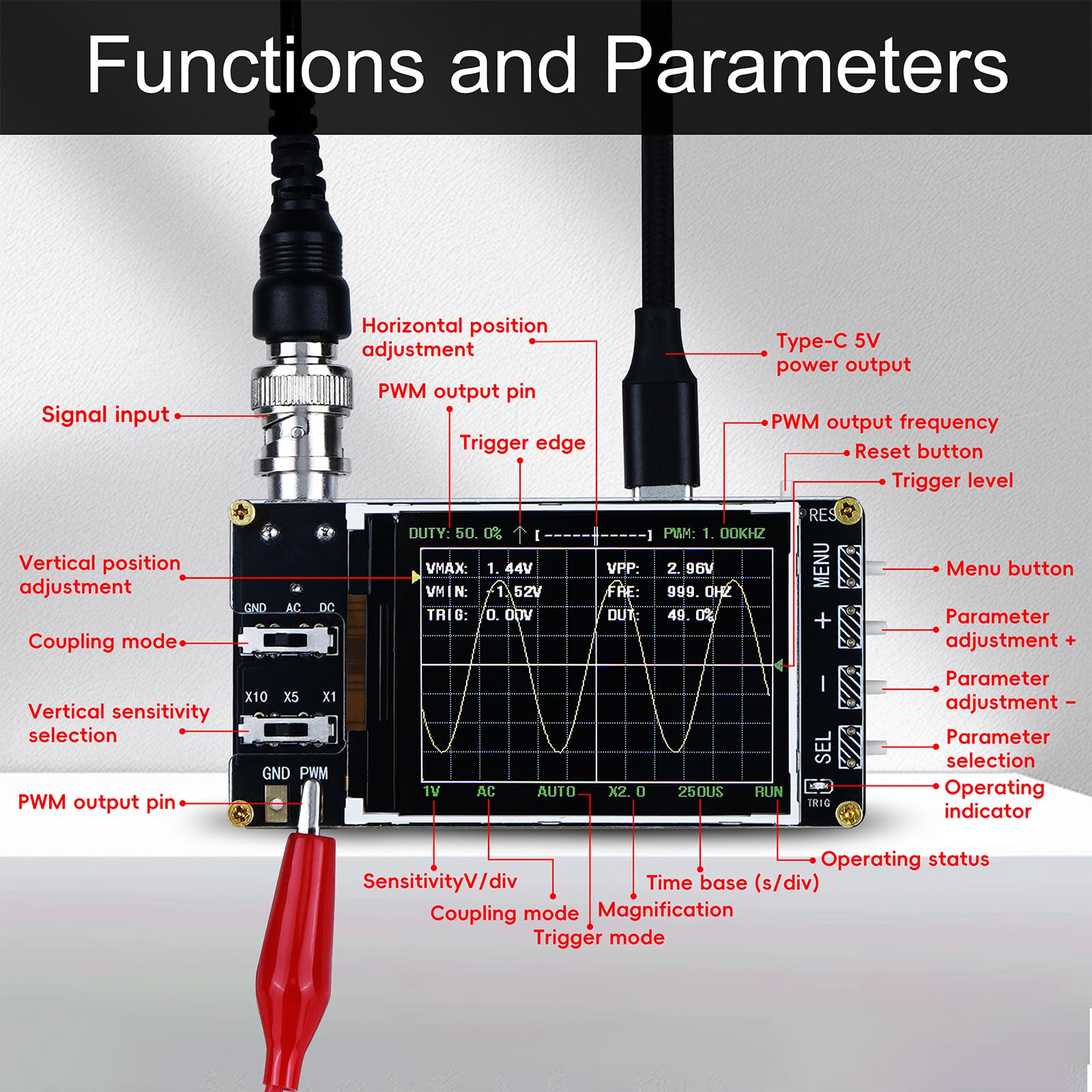 Treedix Handheld Digital Mini Oscilloscope Kit，24MSa/s High Sampling Rate, 2.4''LCD Screen 3 Trigger Modes，200KHz Bandwidth , X10/X5/X1 Sensitivity, GND/AC/DC Coupling Method