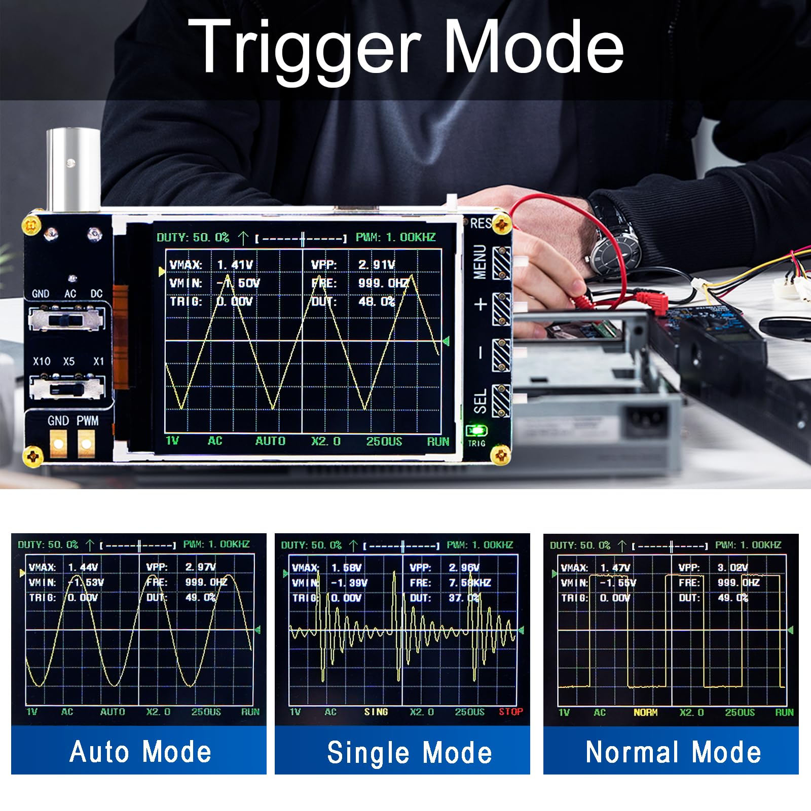 Treedix Handheld Digital Mini Oscilloscope Kit，24MSa/s High Sampling Rate, 2.4''LCD Screen 3 Trigger Modes，200KHz Bandwidth , X10/X5/X1 Sensitivity, GND/AC/DC Coupling Method