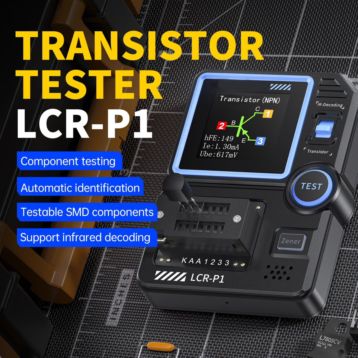Treedix LCR-P1 Transistortester, automatische Bauteilerkennung, LCR-ESR-Messgerät, Transistormessgerät, Transistor-Kondensator-Tester zur Dekodierung von Transistor-, Dioden-, Widerstands- und Induktivitätsbauteilen, unterstützt NRC-Infrarotsignal