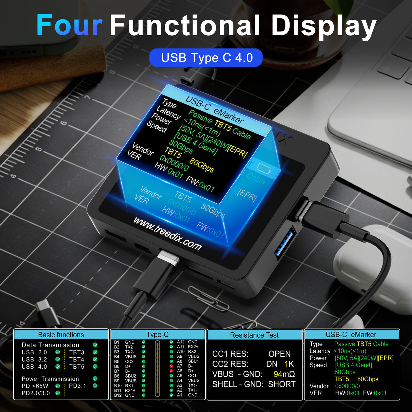 Treedix USB-Kabeltester mit 2,4-Zoll-Farbbildschirm für eMarker-Lesung, PD 3.0/3.1 Erkennung, Widerstands- und Durchgangsprüfung, kompatibel mit Lightning-, Typ-C-, Micro-B 2.0/3.0- und Mini-B-Kabeln