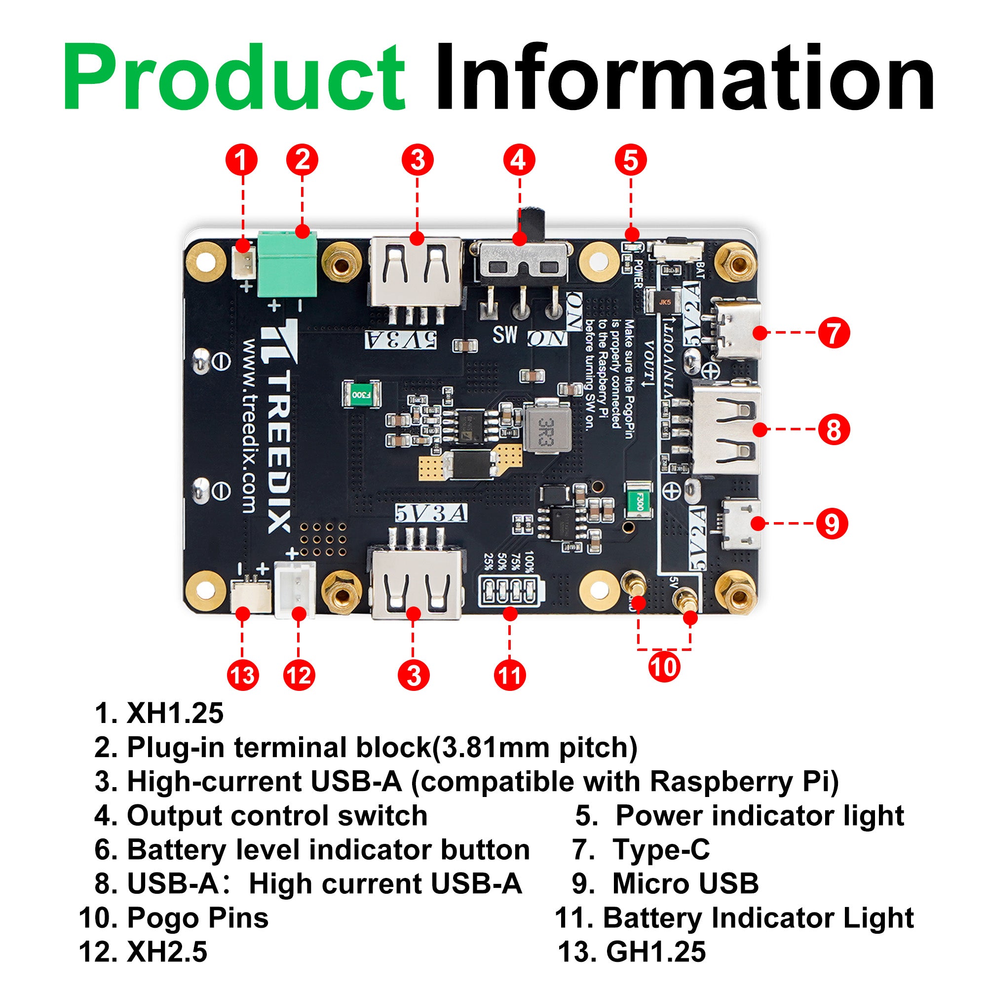 Treedix 5V Uninterruptible Power Supply for Raspberry Pi，Simultaneous Charge & Output, Provides Power Supply via Pogo Pins, High-Power Boost Circuit Compatible with Raspberry Pi zero/2B/3B/3B+/4B