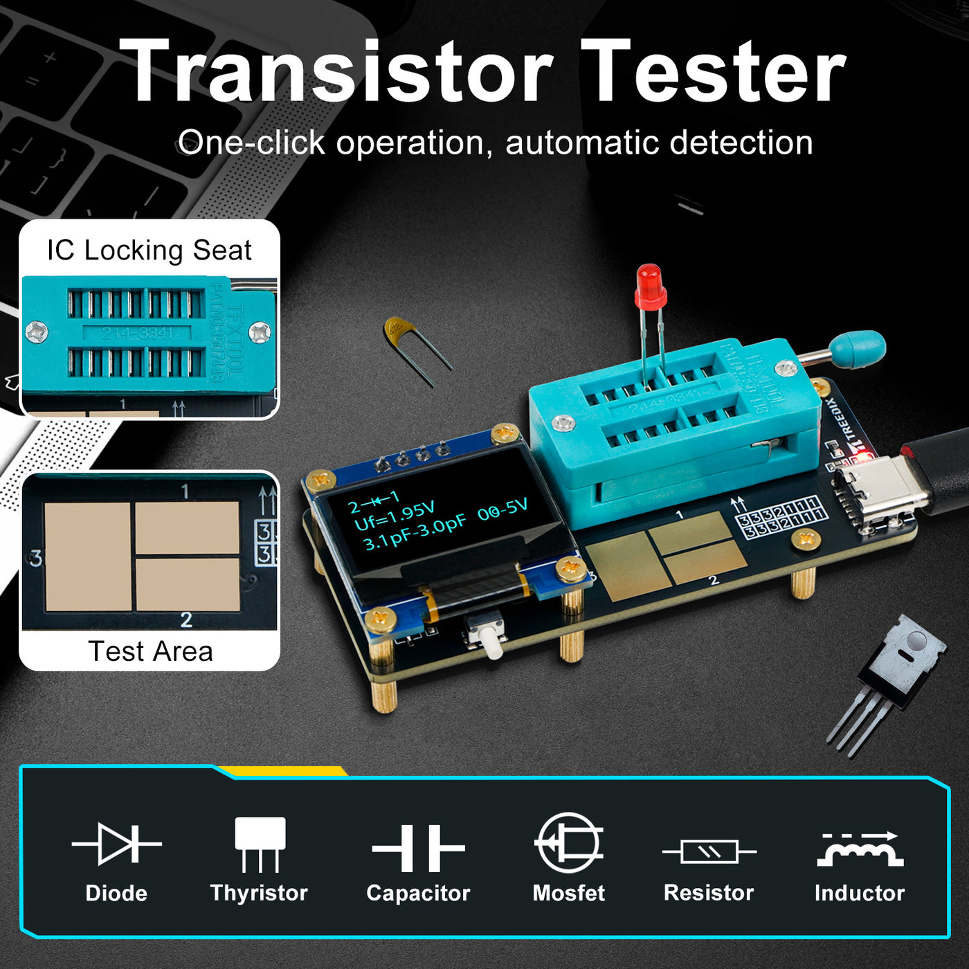 Treedix GM328 Transistor Tester – Mosfet Transistor Capacitor Tester, LCR/ESR Meter, SMD Electronic Component Tester for Diode/MOSFET/Capacitor/Resistor (PNP/NPN/Triode/Zener)