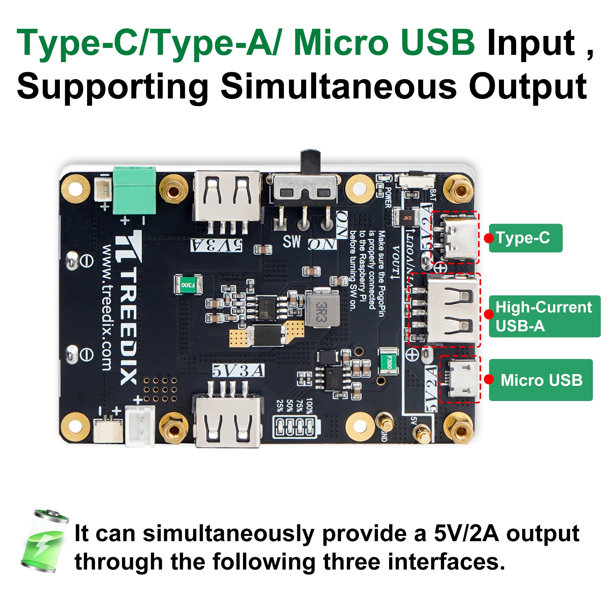 Treedix 5V Uninterruptible Power Supply for Raspberry Pi，Simultaneous Charge & Output, Provides Power Supply via Pogo Pins, High-Power Boost Circuit Compatible with Raspberry Pi zero/2B/3B/3B+/4B