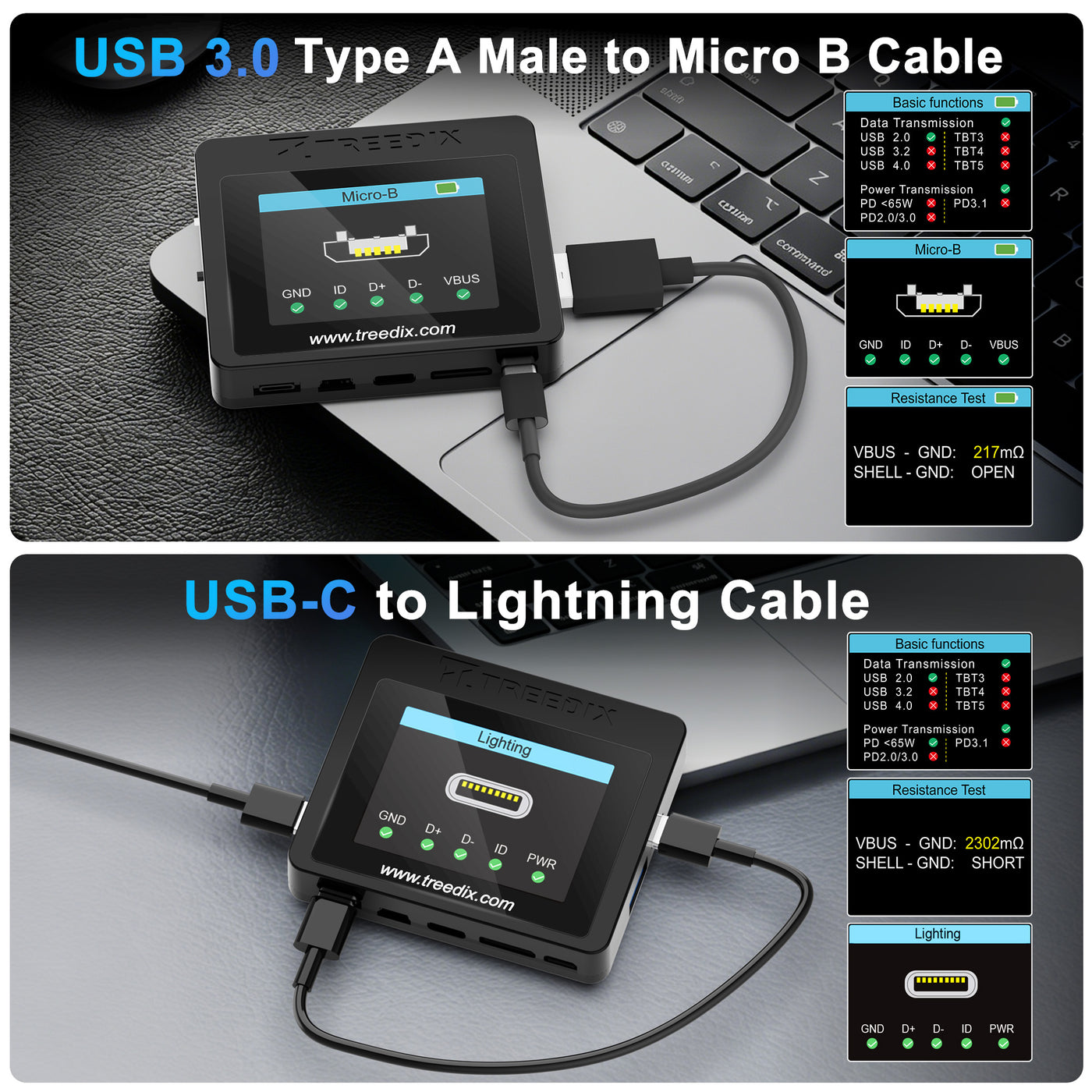 Treedix USB-Kabeltester mit 2,4-Zoll-Farbbildschirm für eMarker-Lesung, PD 3.0/3.1 Erkennung, Widerstands- und Durchgangsprüfung, kompatibel mit Lightning-, Typ-C-, Micro-B 2.0/3.0- und Mini-B-Kabeln