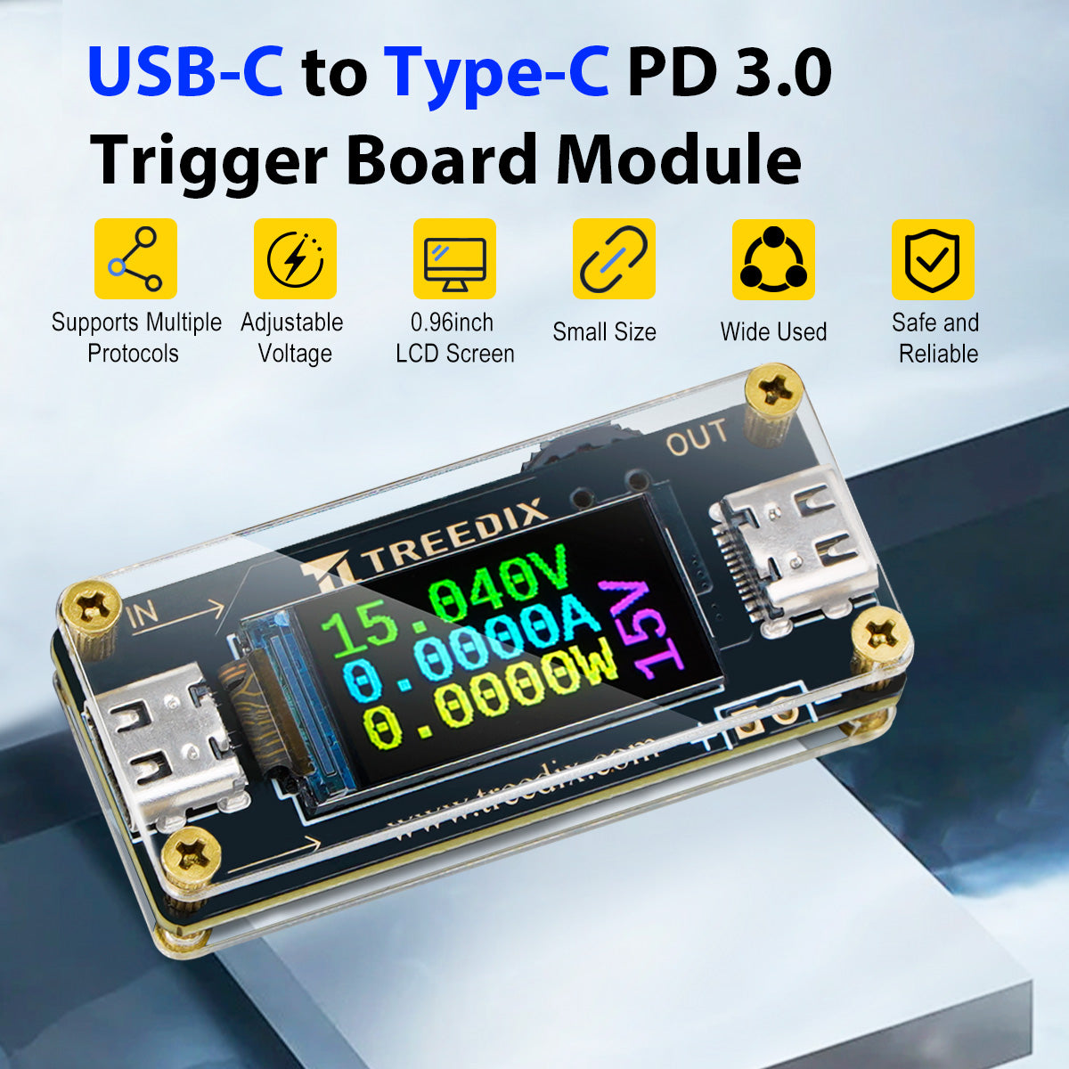 Treedix USB-Tester USB-C auf USB-C QC PD3.0 Triggermodul mit LCD-Bildschirm, Typ-C-Buchse, 5V 9V 12V 15V 20V 5A einstellbare Spannung Stromversorgung, PD2.0/PD3.0, QC2.0/QC3.0, BC1.2
