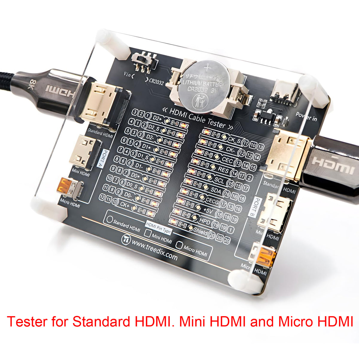 Carte de testeur de câble HDMI avec 20 indicateurs LED pour vérifier les courts-circuits, les circuits ouverts, les erreurs de câblage et les connexions croisées pour HDMI type A, type C et type D