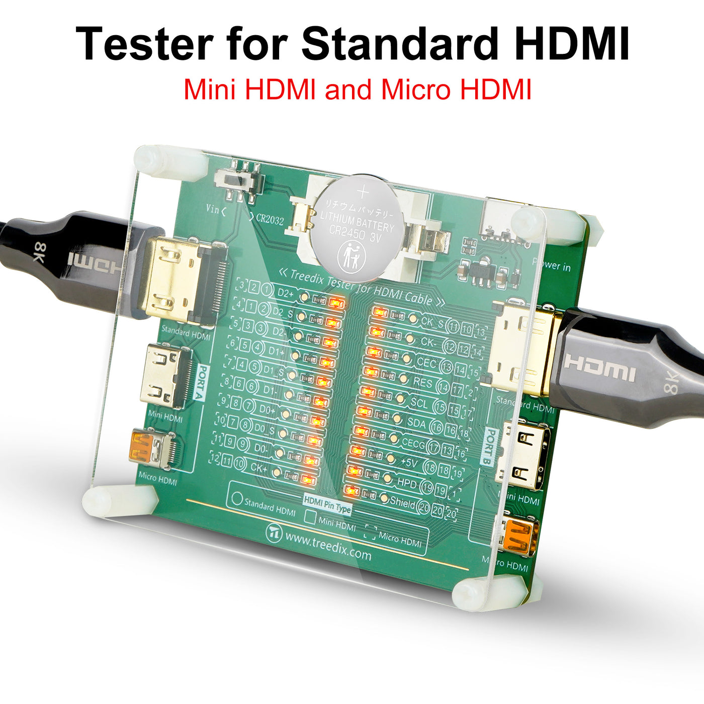 Treedix Kabeltester-Platine für HDMI-Kabeltester Prüfgerät 20 LED-Licht Statusanzeige für Kurzschluss-/Unterbrechungs-/Vertauschungserkennung für Standard HDMI Typ A, Mini HDMI Typ C, Micro HDMI Typ D