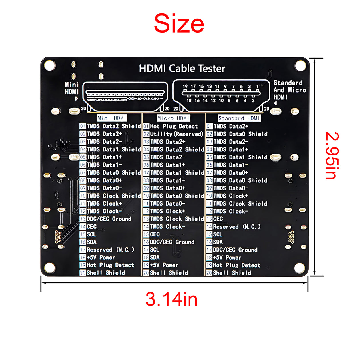 Carte de testeur de câble HDMI avec 20 indicateurs LED pour vérifier les courts-circuits, les circuits ouverts, les erreurs de câblage et les connexions croisées pour HDMI type A, type C et type D