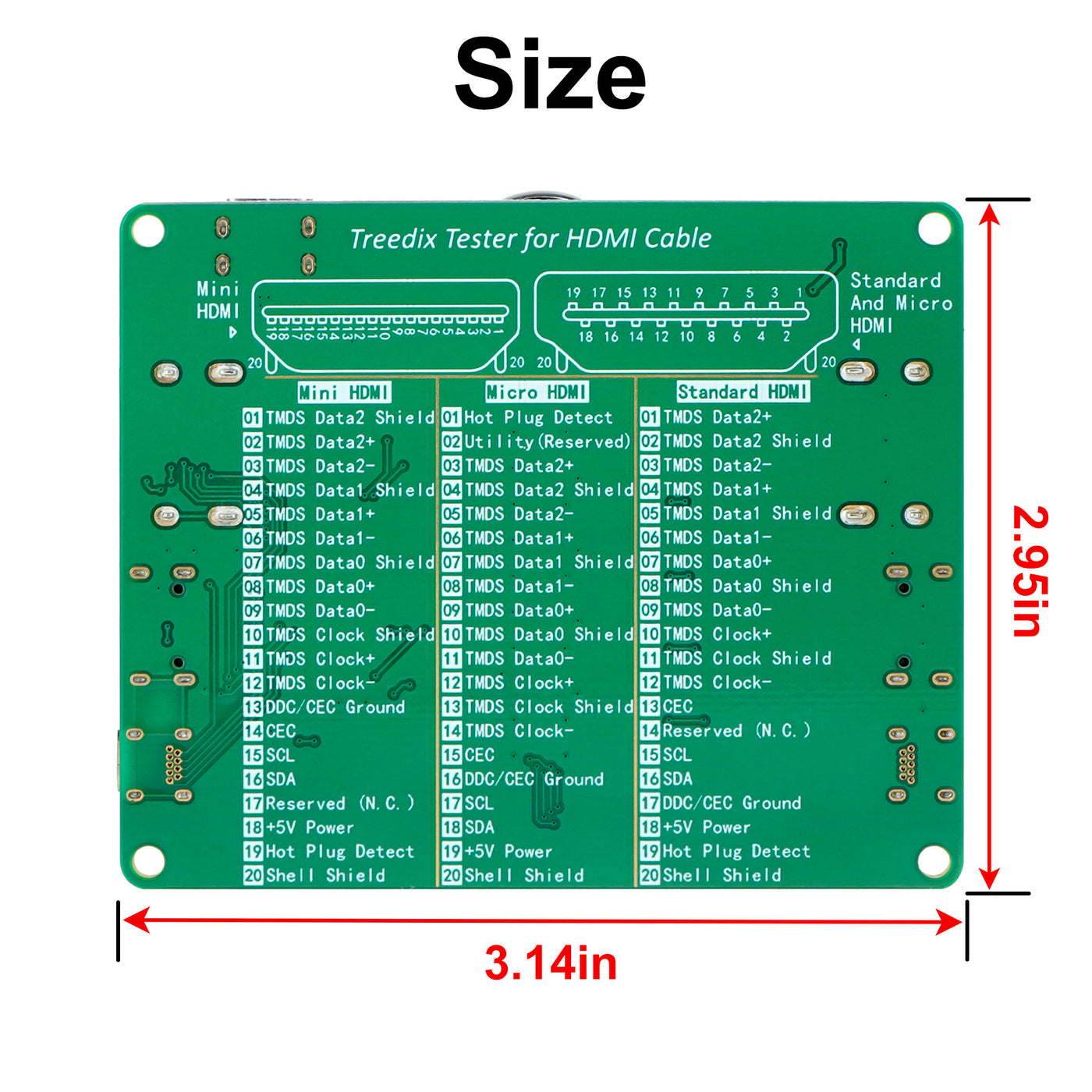 Treedix Kabeltester-Platine für HDMI-Kabeltester Prüfgerät 20 LED-Licht Statusanzeige für Kurzschluss-/Unterbrechungs-/Vertauschungserkennung für Standard HDMI Typ A, Mini HDMI Typ C, Micro HDMI Typ D