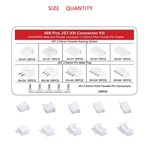 Treedix 460pcs JST Connector Kit with 2.54mm Female Terminals Connector JST-XH 2P/3P/4P/5P/6P Female Housing Connector and Male Pin Connectors