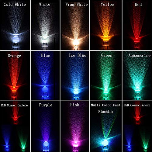 Treedix 150 Stück 5 mm LED-Leuchtdioden, 15 Farben x 10 Stück, LED-Lampen-Sortiment-Set, Weiß/Warmweiß/Kaltweiß/Rot/Grün/Aquamarin/Blau/Eisblau/Gelb/Orange/Pink/Violett/Fast FLA mit Kit-Box