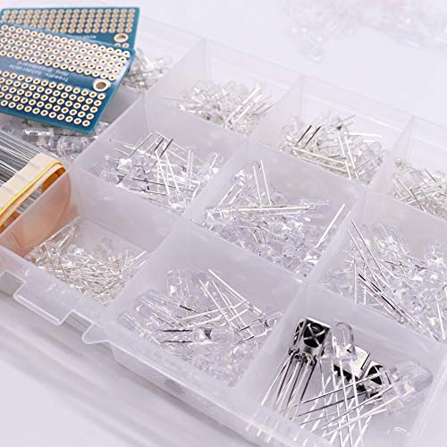 Treedix 490 stuks 3mm en 5mm LED-zendende diodes (doorzichtige LED-lampen) assortimentpakket in 6 kleuren: Rood, Groen, Blauw, Oranje, Wit en Paars, in een doos inclusief IR-zenders, IR-ontvangers en 80 stuks weerstanden
