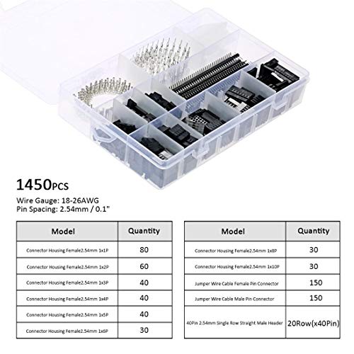 Treedix 1450PCS 2.54mm PCB Jumper Wire Pin Header Connector Female Male 40Pin Box Packaging Kit Electronic Components Set Compatible with Arduino Dupont