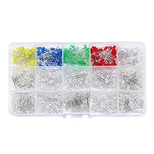Treedix 750 Stück 3 mm LED-Leuchtdioden, 15 Farben x 50 Stück, LED-Lampen-Sortiment-Set, Weiß/Warmweiß/Kaltweiß/Rot/Grün/Blau/Eisblau/Gelb/Rosa/Violett/Mehrfarbig, schnell blinkend
