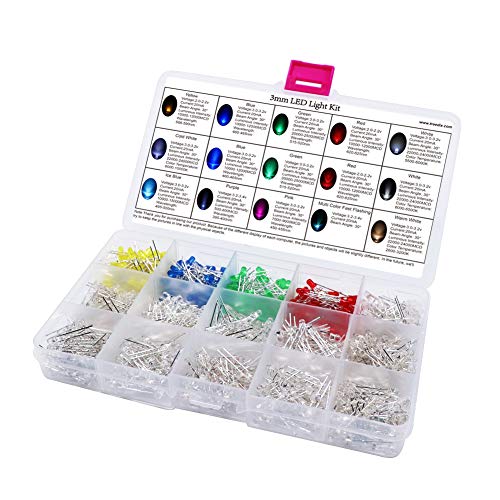 Treedix 750 Stück 3 mm LED-Leuchtdioden, 15 Farben x 50 Stück, LED-Lampen-Sortiment-Set, Weiß/Warmweiß/Kaltweiß/Rot/Grün/Blau/Eisblau/Gelb/Rosa/Violett/Mehrfarbig, schnell blinkend